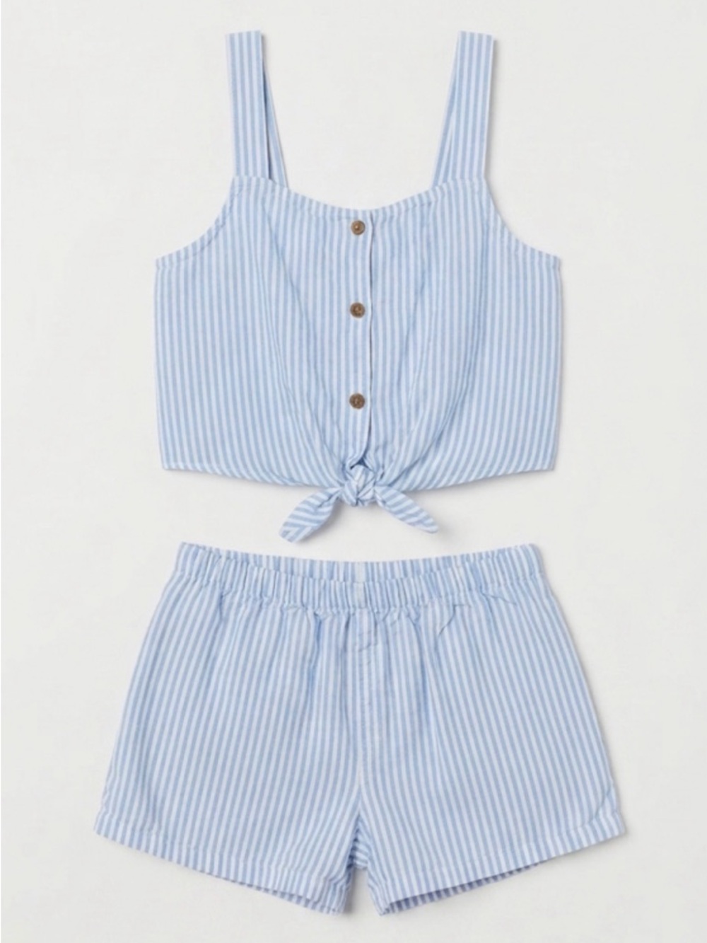 H&M Girls 6-7 - Striped Tie-Front Crop Top & Shorts Set — Light Blue/White